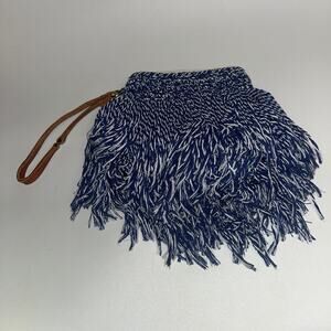 NWOT Elliot Mann Blue White Fringed Zip-Top Wristlet Clutch Bag Purse Women's